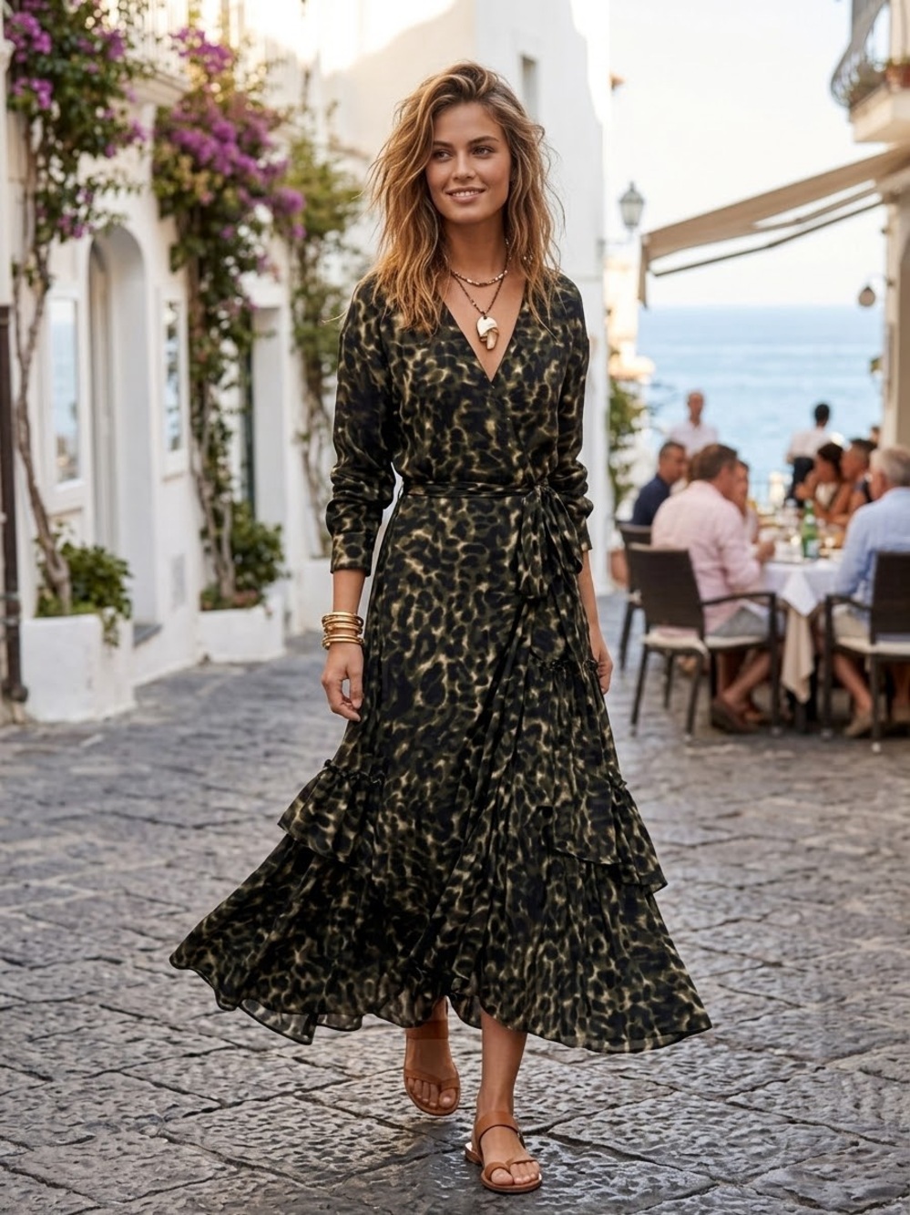 Stella McCartney Silk Wrap Dress Green Animal Print Maxi Long Sleeve Designer IT